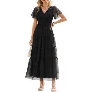 imageANRABESS Womens Summer Floral Maxi Dress Short Sleeve Flowy Tulle Wedding Guest Beach Vacation 2026 Spring Party Long DressesBlack