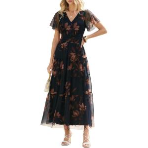 imageANRABESS Womens Summer Floral Maxi Dress Short Sleeve Flowy Tulle Wedding Guest Beach Vacation 2026 Spring Party Long DressesBrown Floral Dark Blue