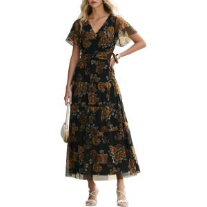 imageANRABESS Womens Summer Floral Maxi Dress Short Sleeve Flowy Tulle Wedding Guest Beach Vacation 2026 Spring Party Long DressesFloral Black Yellow