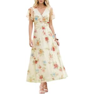 imageANRABESS Womens Summer Floral Maxi Dress Short Sleeve Flowy Tulle Wedding Guest Beach Vacation 2026 Spring Party Long DressesMulticolored Rose Apricot