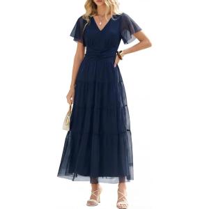 imageANRABESS Womens Summer Floral Maxi Dress Short Sleeve Flowy Tulle Wedding Guest Beach Vacation 2026 Spring Party Long DressesNavy Blue