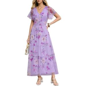 imageANRABESS Womens Summer Floral Maxi Dress Short Sleeve Flowy Tulle Wedding Guest Beach Vacation 2026 Spring Party Long DressesPurple Rose
