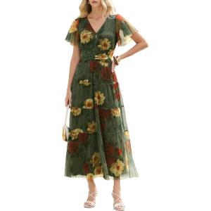 imageANRABESS Womens Summer Floral Maxi Dress Short Sleeve Flowy Tulle Wedding Guest Beach Vacation 2026 Spring Party Long DressesRed and Yellow Rose
