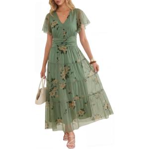 imageANRABESS Womens Summer Floral Maxi Dress Short Sleeve Flowy Tulle Wedding Guest Beach Vacation 2026 Spring Party Long DressesYellow Floral Green