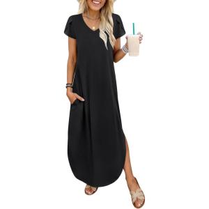imageANRABESS Womens Summer Maxi Dresses 2026 Casual Short Sleeve V Neck Loose Split Long Beach Sundress Travel Vacation ClothesBlack