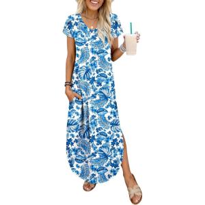 imageANRABESS Womens Summer Maxi Dresses 2026 Casual Short Sleeve V Neck Loose Split Long Beach Sundress Travel Vacation ClothesBlue Leaf Printed