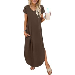 imageANRABESS Womens Summer Maxi Dresses 2026 Casual Short Sleeve V Neck Loose Split Long Beach Sundress Travel Vacation ClothesBrown