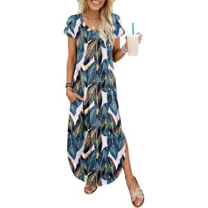 imageANRABESS Womens Summer Maxi Dresses 2026 Casual Short Sleeve V Neck Loose Split Long Beach Sundress Travel Vacation ClothesLeaf Printed