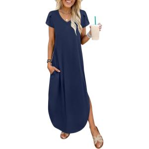 imageANRABESS Womens Summer Maxi Dresses 2026 Casual Short Sleeve V Neck Loose Split Long Beach Sundress Travel Vacation ClothesNavy Blue