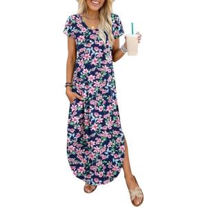 imageANRABESS Womens Summer Maxi Dresses 2026 Casual Short Sleeve V Neck Loose Split Long Beach Sundress Travel Vacation ClothesNavy Pink Floral