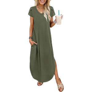 imageANRABESS Womens Summer Maxi Dresses 2026 Casual Short Sleeve V Neck Loose Split Long Beach Sundress Travel Vacation ClothesOlive