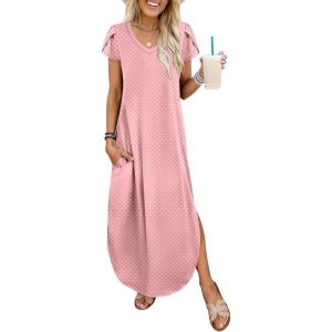 imageANRABESS Womens Summer Maxi Dresses 2026 Casual Short Sleeve V Neck Loose Split Long Beach Sundress Travel Vacation ClothesPink Round Dot