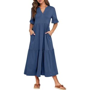 imageANRABESS Womens Summer Maxi Dresses Casual Ruffle Short Sleeve V Neck Flowy Tiered 2026 Spring T Shirts Beach Boho DressBlue