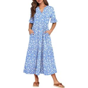 imageANRABESS Womens Summer Maxi Dresses Casual Ruffle Short Sleeve V Neck Flowy Tiered 2026 Spring T Shirts Beach Boho DressBlue Floral