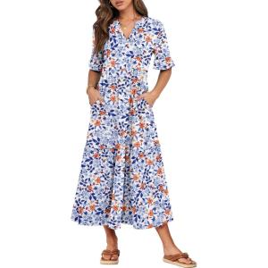 imageANRABESS Womens Summer Maxi Dresses Casual Ruffle Short Sleeve V Neck Flowy Tiered 2026 Spring T Shirts Beach Boho DressBlue Orange Floral
