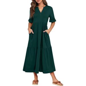 imageANRABESS Womens Summer Maxi Dresses Casual Ruffle Short Sleeve V Neck Flowy Tiered 2026 Spring T Shirts Beach Boho DressDark Green