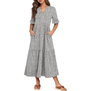 imageANRABESS Womens Summer Maxi Dresses Casual Ruffle Short Sleeve V Neck Flowy Tiered 2026 Spring T Shirts Beach Boho DressKhaki Polka Dot