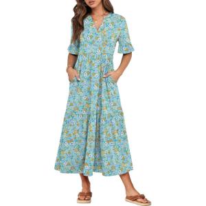 imageANRABESS Womens Summer Maxi Dresses Casual Ruffle Short Sleeve V Neck Flowy Tiered 2026 Spring T Shirts Beach Boho DressLight Green Floral