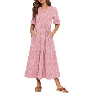 imageANRABESS Womens Summer Maxi Dresses Casual Ruffle Short Sleeve V Neck Flowy Tiered 2026 Spring T Shirts Beach Boho DressPink Floral