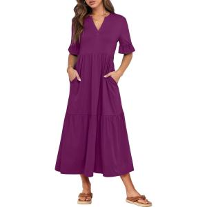 imageANRABESS Womens Summer Maxi Dresses Casual Ruffle Short Sleeve V Neck Flowy Tiered 2026 Spring T Shirts Beach Boho DressPurple