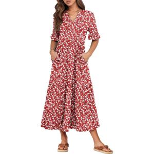 imageANRABESS Womens Summer Maxi Dresses Casual Ruffle Short Sleeve V Neck Flowy Tiered 2026 Spring T Shirts Beach Boho DressRed Floral