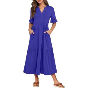 imageANRABESS Womens Summer Maxi Dresses Casual Ruffle Short Sleeve V Neck Flowy Tiered 2026 Spring T Shirts Beach Boho DressRoyal Blue