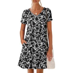 imageANRABESS Womens Summer T Shirt Dress Casual V Neck Short Sleeve Floral Boho Flowy Mini Dresses 2026 Beach Vacation ClothesBlack White Floral