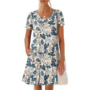 imageANRABESS Womens Summer T Shirt Dress Casual V Neck Short Sleeve Floral Boho Flowy Mini Dresses 2026 Beach Vacation ClothesMulticolor Leaf Print