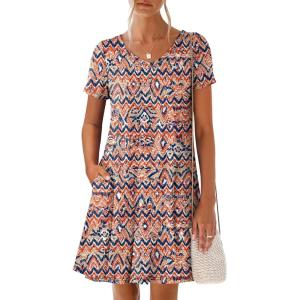 imageANRABESS Womens Summer T Shirt Dress Casual V Neck Short Sleeve Floral Boho Flowy Mini Dresses 2026 Beach Vacation ClothesOrange Blue Diamonds