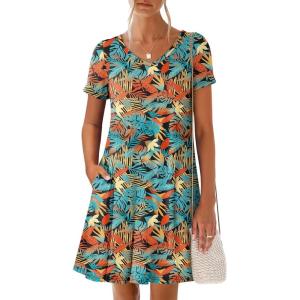imageANRABESS Womens Summer T Shirt Dress Casual V Neck Short Sleeve Floral Boho Flowy Mini Dresses 2026 Beach Vacation ClothesTropical Leaf Print
