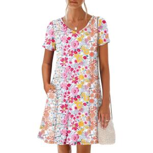 imageANRABESS Womens Summer T Shirt Dress Casual V Neck Short Sleeve Floral Boho Flowy Mini Dresses 2026 Beach Vacation ClothesYellow Pink Floral