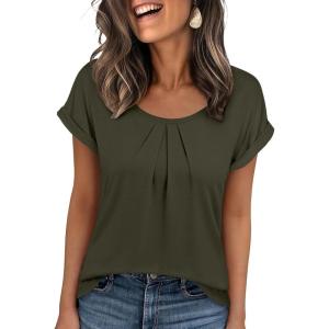 imageANRABESS Womens T Shirts Pleated Short Sleeve Tops Summer Business Casual Dressy Blouses 2026 Cute Fashion ClothesArmy Green