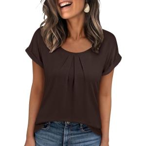imageANRABESS Womens T Shirts Pleated Short Sleeve Tops Summer Business Casual Dressy Blouses 2026 Cute Fashion ClothesBrown