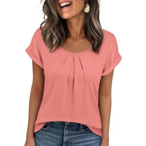 imageANRABESS Womens T Shirts Pleated Short Sleeve Tops Summer Business Casual Dressy Blouses 2026 Cute Fashion ClothesCoral Pink