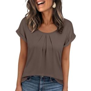 imageANRABESS Womens T Shirts Pleated Short Sleeve Tops Summer Business Casual Dressy Blouses 2026 Cute Fashion ClothesLight Brown