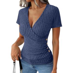 imageANRABESS Womens Tops Short Sleeve V Neck Sexy Ribbed Knit Slim Fit Lightweight Sweater 2026 Summer Dressy Casual TShirtsDark Blue