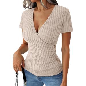 imageANRABESS Womens Tops Short Sleeve V Neck Sexy Ribbed Knit Slim Fit Lightweight Sweater 2026 Summer Dressy Casual TShirtsLight Khaki