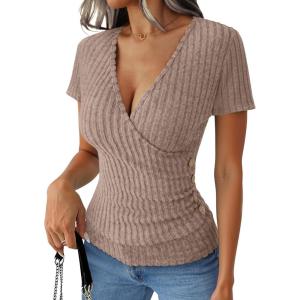 imageANRABESS Womens Tops Short Sleeve V Neck Sexy Ribbed Knit Slim Fit Lightweight Sweater 2026 Summer Dressy Casual TShirtsTan