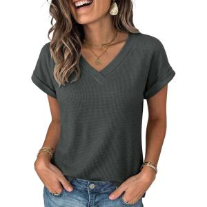 imageANRABESS Womens Waffle Knit Tops 2026 Summer Casual Short Sleeve V Neck T Shirts Basic Work Tee Spring Vacation BlousesArmy Green