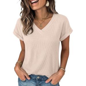 imageANRABESS Womens Waffle Knit Tops 2026 Summer Casual Short Sleeve V Neck T Shirts Basic Work Tee Spring Vacation BlousesBeige