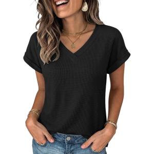 imageANRABESS Womens Waffle Knit Tops 2026 Summer Casual Short Sleeve V Neck T Shirts Basic Work Tee Spring Vacation BlousesBlack