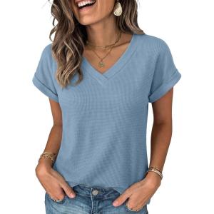 imageANRABESS Womens Waffle Knit Tops 2026 Summer Casual Short Sleeve V Neck T Shirts Basic Work Tee Spring Vacation BlousesBlue