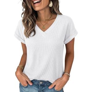 imageANRABESS Womens Waffle Knit Tops 2026 Summer Casual Short Sleeve V Neck T Shirts Basic Work Tee Spring Vacation BlousesWhite