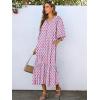 imageANRABESS Boho Maxi Dresses for Women Summer Puff Sleeve V Neck Flowy Long Casual Dress with Pockets 2026 Vacation ClothesLeaves Hot Pink