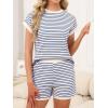 imageANRABESS Women 2 Piece Pajama Lounge Sets Stripe Knit Cap Sleeve Tee Shirts Shorts 2026 Casual Summer Loungewear Shorts SetBlue Beige Striped