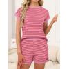imageANRABESS Women 2 Piece Pajama Lounge Sets Stripe Knit Cap Sleeve Tee Shirts Shorts 2026 Casual Summer Loungewear Shorts SetPink Striped
