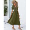 imageANRABESS Women Summer Casual Puff Short Sleeve Square Neck Smocked Button Up High Waist Flowy Vacation Midi Dresses amp PocketsArmy Green