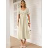 imageANRABESS Women Summer Casual Puff Short Sleeve Square Neck Smocked Button Up High Waist Flowy Vacation Midi Dresses amp PocketsBeige