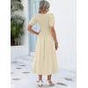 imageANRABESS Women Summer Casual Puff Short Sleeve Square Neck Smocked Button Up High Waist Flowy Vacation Midi Dresses amp PocketsBeige