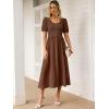 imageANRABESS Women Summer Casual Puff Short Sleeve Square Neck Smocked Button Up High Waist Flowy Vacation Midi Dresses amp PocketsBrown